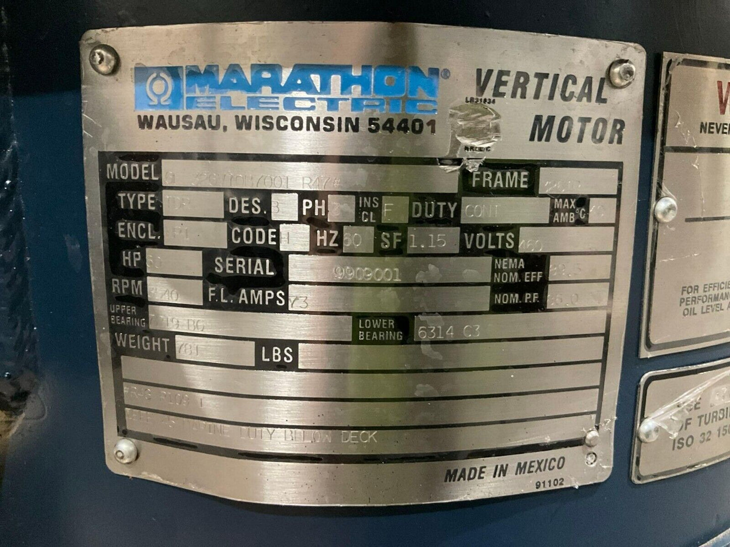 MARATHON ELECTRIC VERTICAL HOLLOW SHAFT MOTOR 6L 326VTDB7001 R47 3P 60HZ 3540RPM