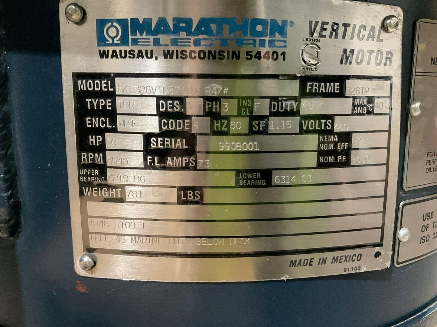MARATHON ELECTRIC VERTICAL HOLLOW SHAFT MOTOR 6K 326VTDB7001 R47 3P 60HZ 3540RPM