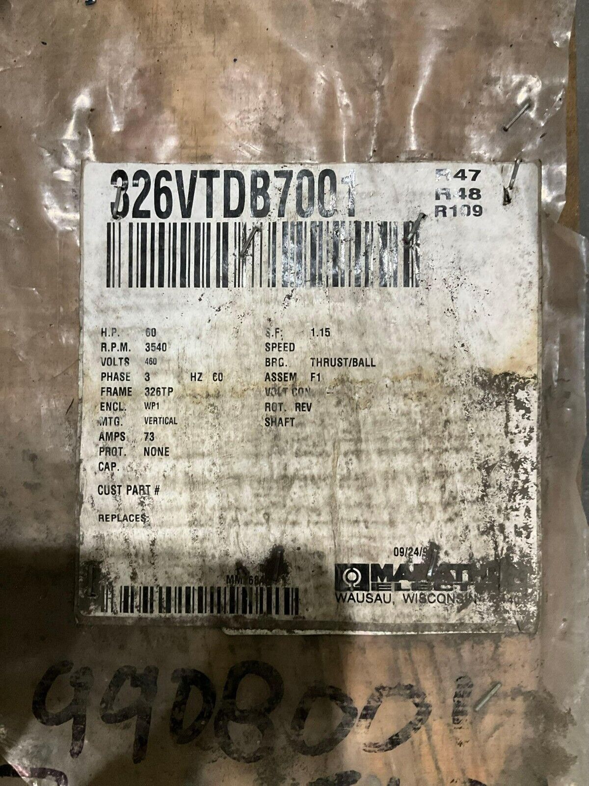 MARATHON ELECTRIC VERTICAL HOLLOW SHAFT MOTOR 6K 326VTDB7001 R47 3P 60HZ 3540RPM
