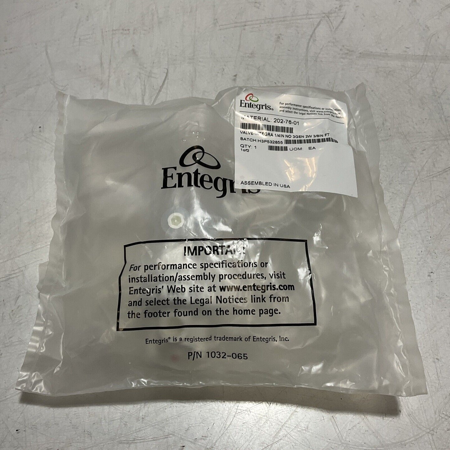 ENTEGRIS  202-76-01  VALVE-INTEGRA 1/4IN PNEMATICALLY  OPERATED  DIAPHRAGM  U3S