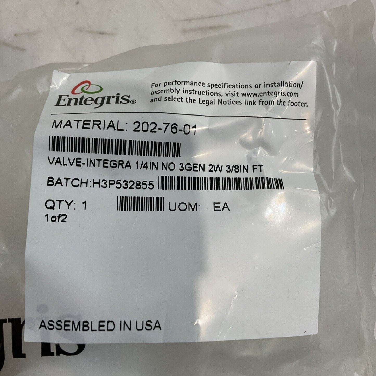 ENTEGRIS  202-76-01  VALVE-INTEGRA 1/4IN PNEMATICALLY  OPERATED  DIAPHRAGM  U3S