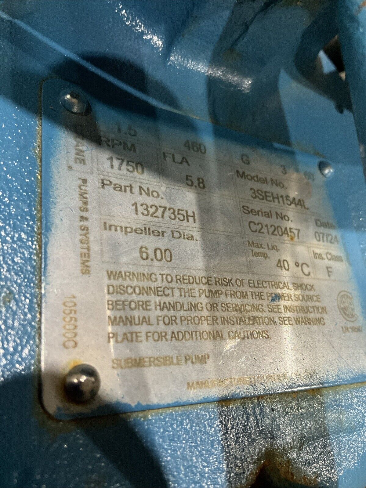 CRANE BARNES 3SEH1544L 132735H CENTRIFUGAL PUMP 1750 RPM 3 PH 60 HZ 1.5HP 460 V