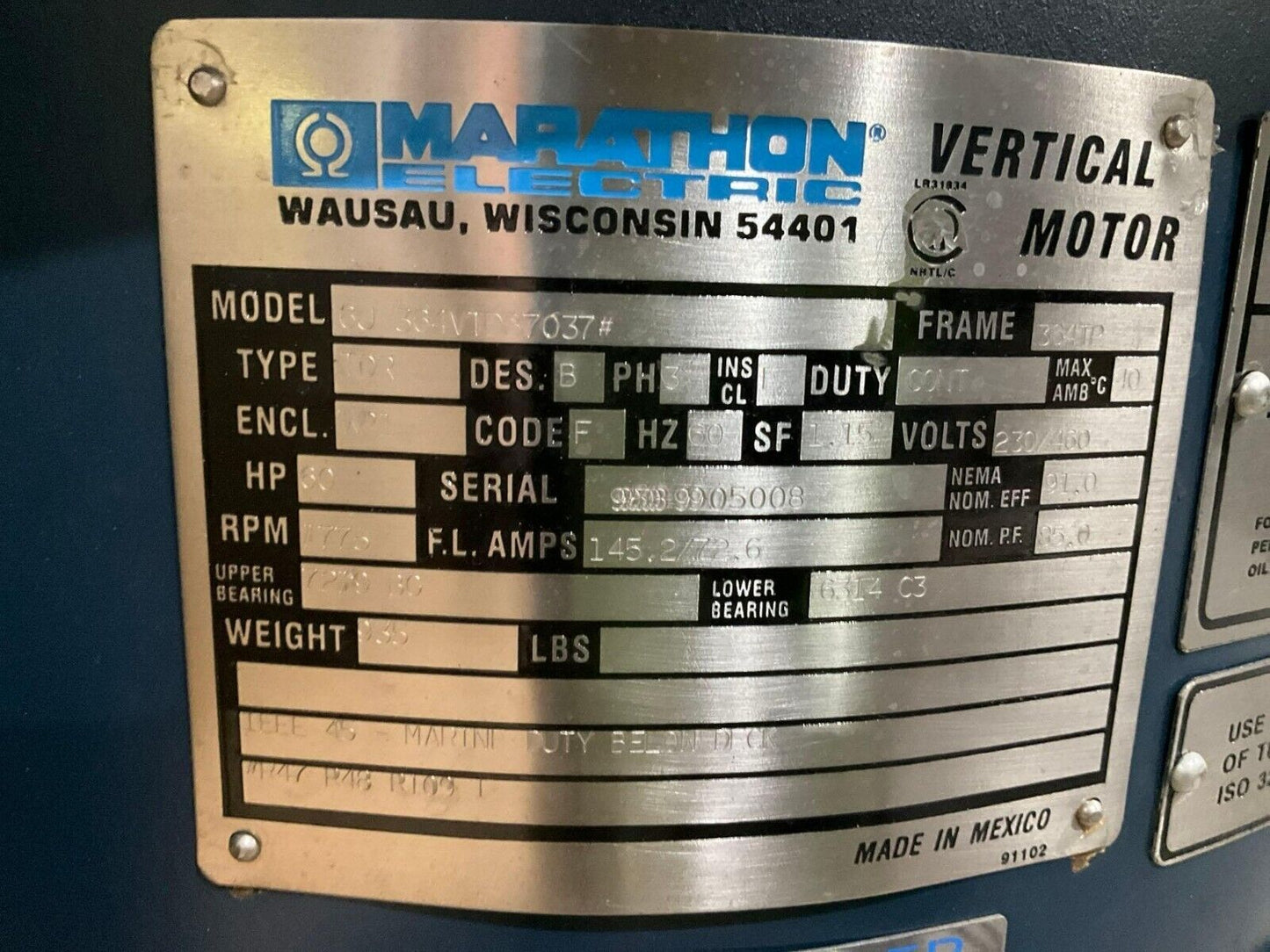 MARATHON ELECTRIC VERTICAL HOLLOW SHAFT MOTOR 6U 364VTDB7037 3P 60HZ 1775 RPM
