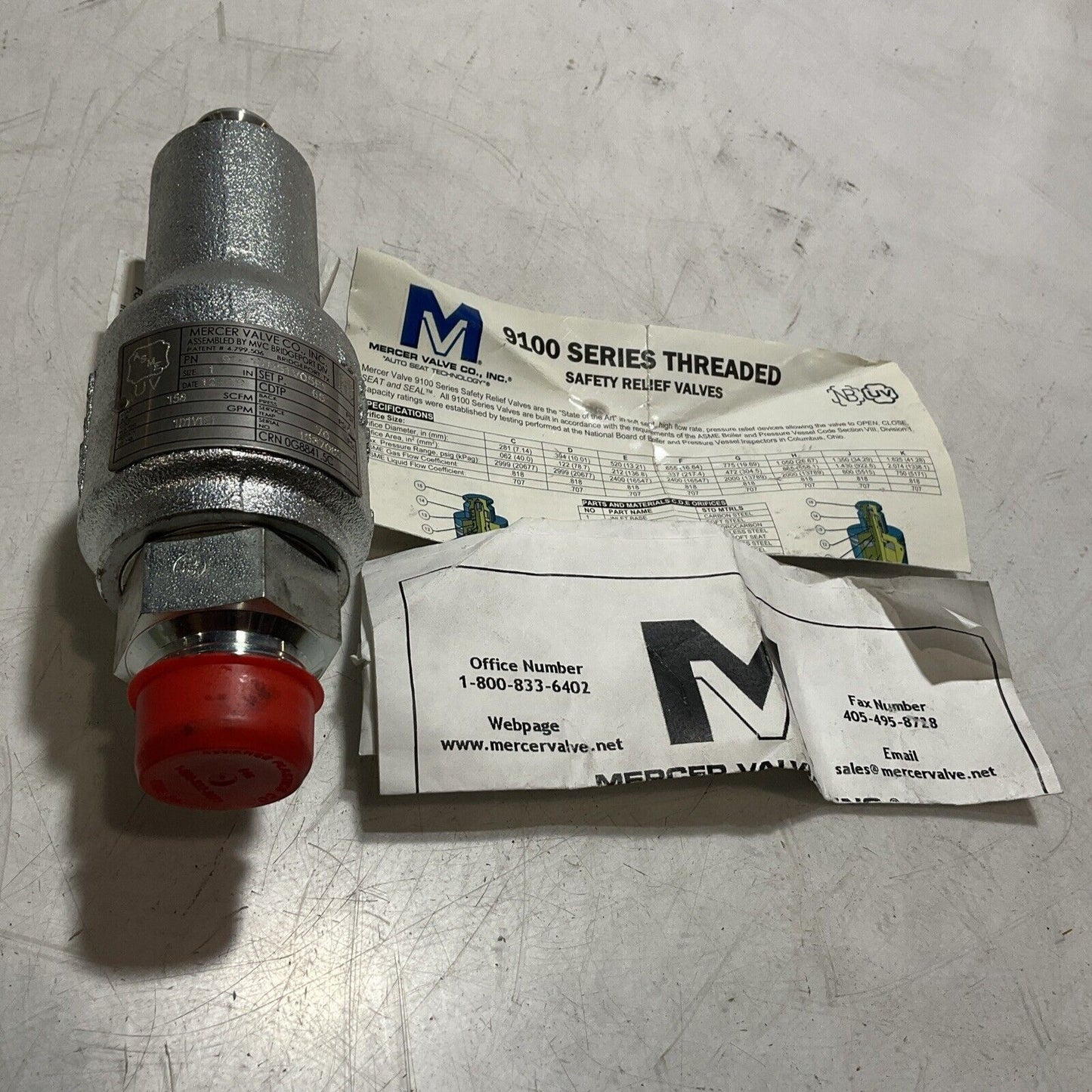 MERCER VALVE 91-17D51V05E1 SERIES 9100 SIZE 1 RELIEF VALVE 65PSI K9S