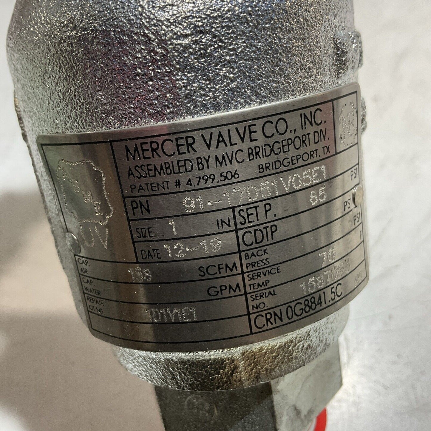 MERCER VALVE 91-17D51V05E1 SERIES 9100 SIZE 1 RELIEF VALVE 65PSI K9S