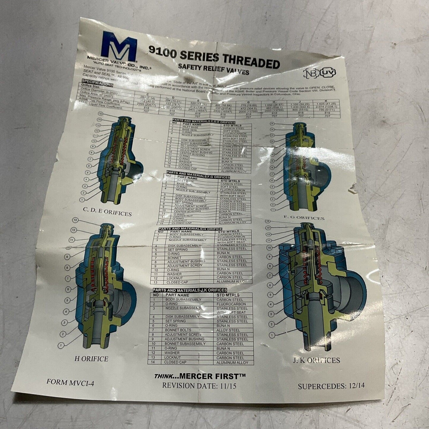 MERCER VALVE 91-17D51V05E1 SERIES 9100 SIZE 1 RELIEF VALVE 65PSI K9S