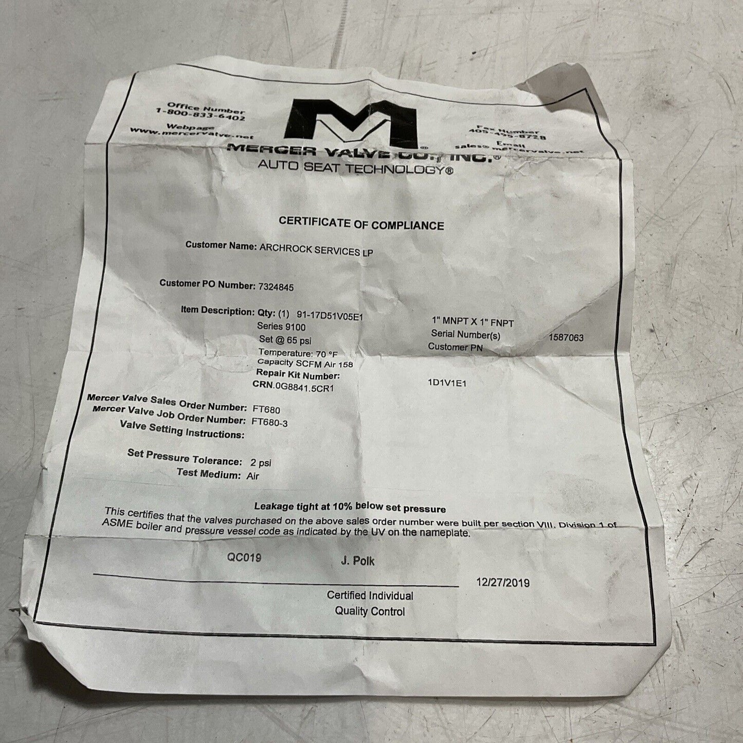 MERCER VALVE 91-17D51V05E1 SERIES 9100 SIZE 1 RELIEF VALVE 65PSI K9S