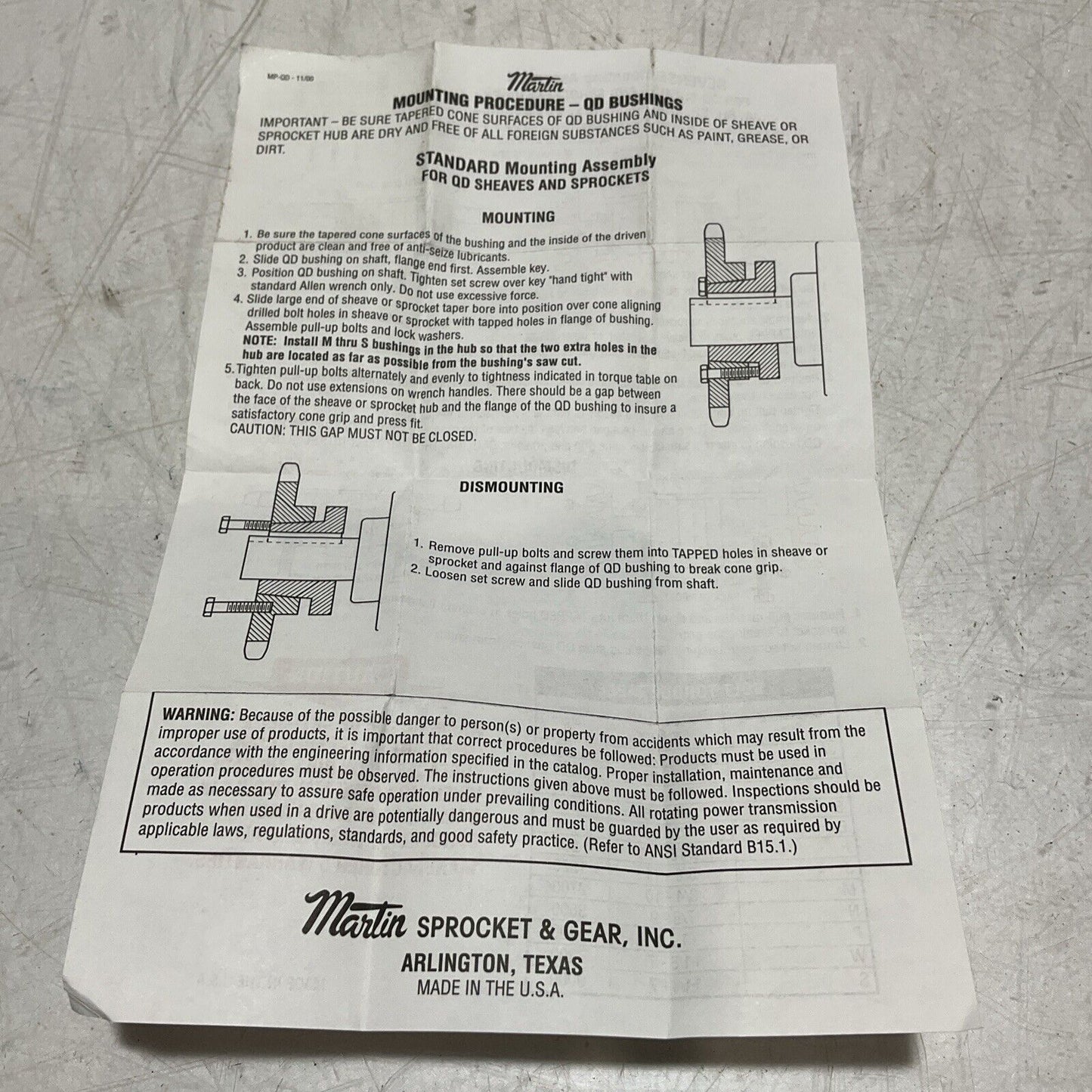 MARTIN SDS 1 5/8 MOUNTING PROCEDURE-QD BUSHING LOT OF 2 373-U3S