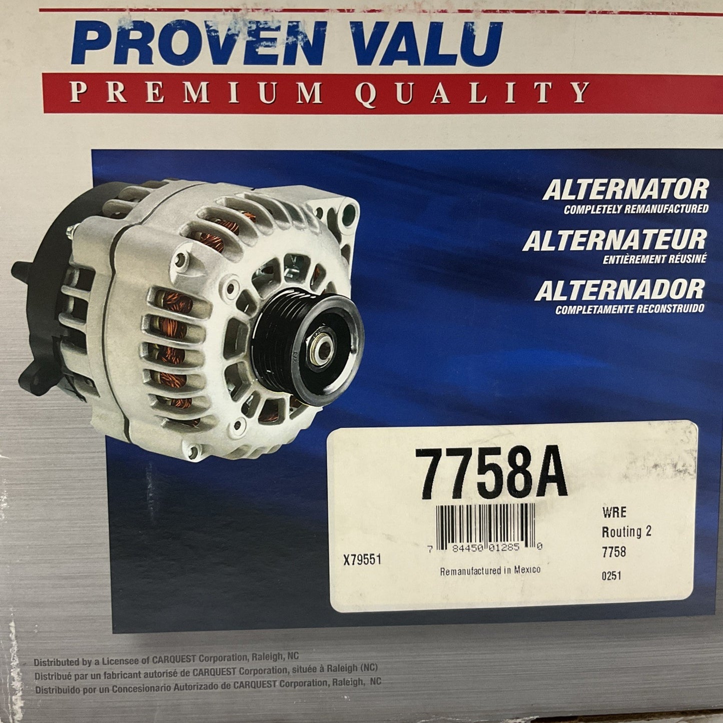 CARQUEST PROVEN VALU 7758A REMAN ALTERNATOR U3S