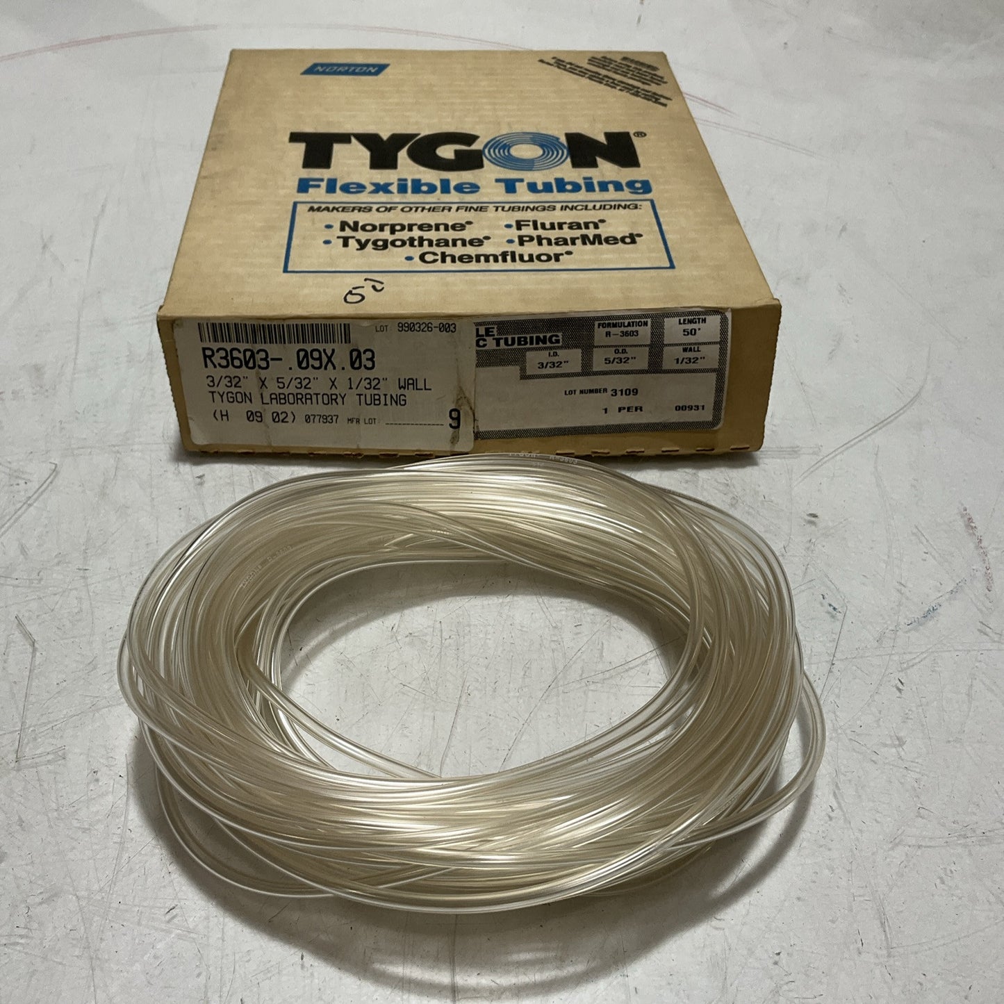 TYGON R3603-.09X.03 CLEAR LABORATORY TUBING FEEDING CORD U3S