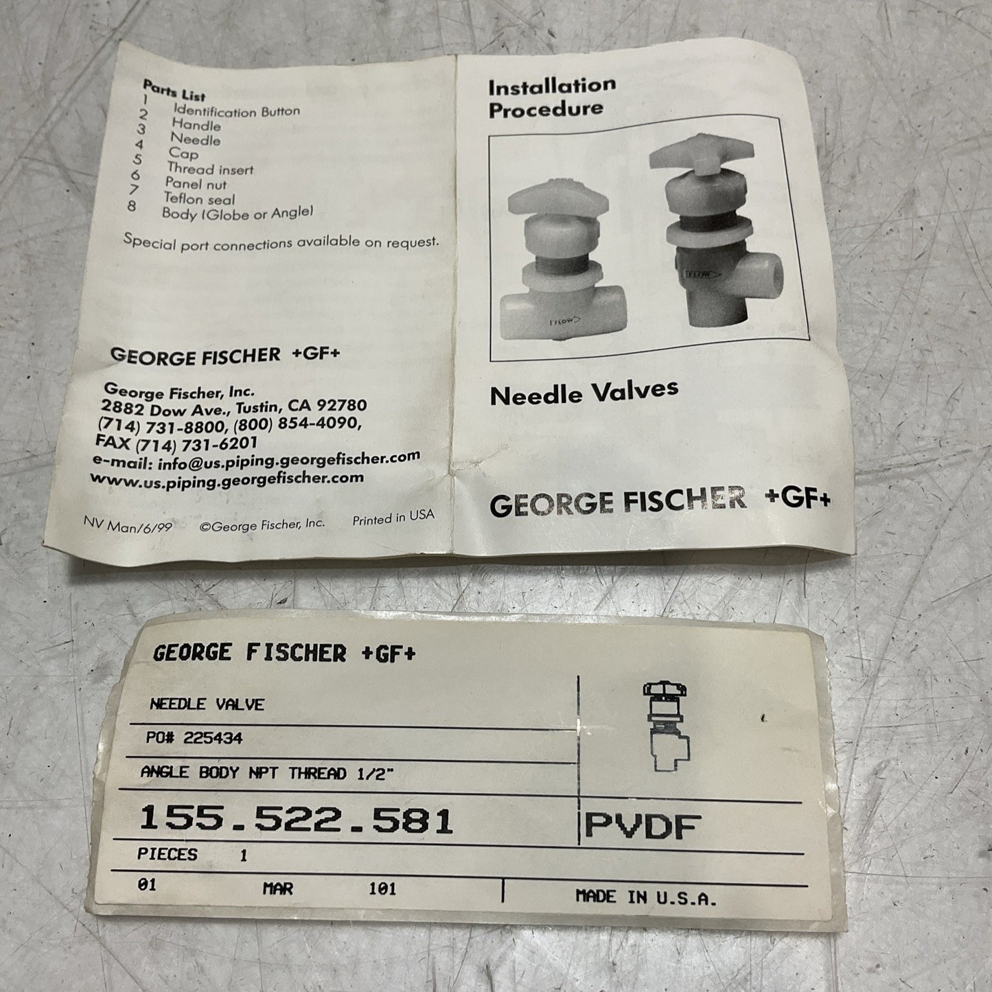 GEORGE FISCHER +GF+ 225434 - 155.522.581 WHITE NEEDLE VALVE PVDF U3S