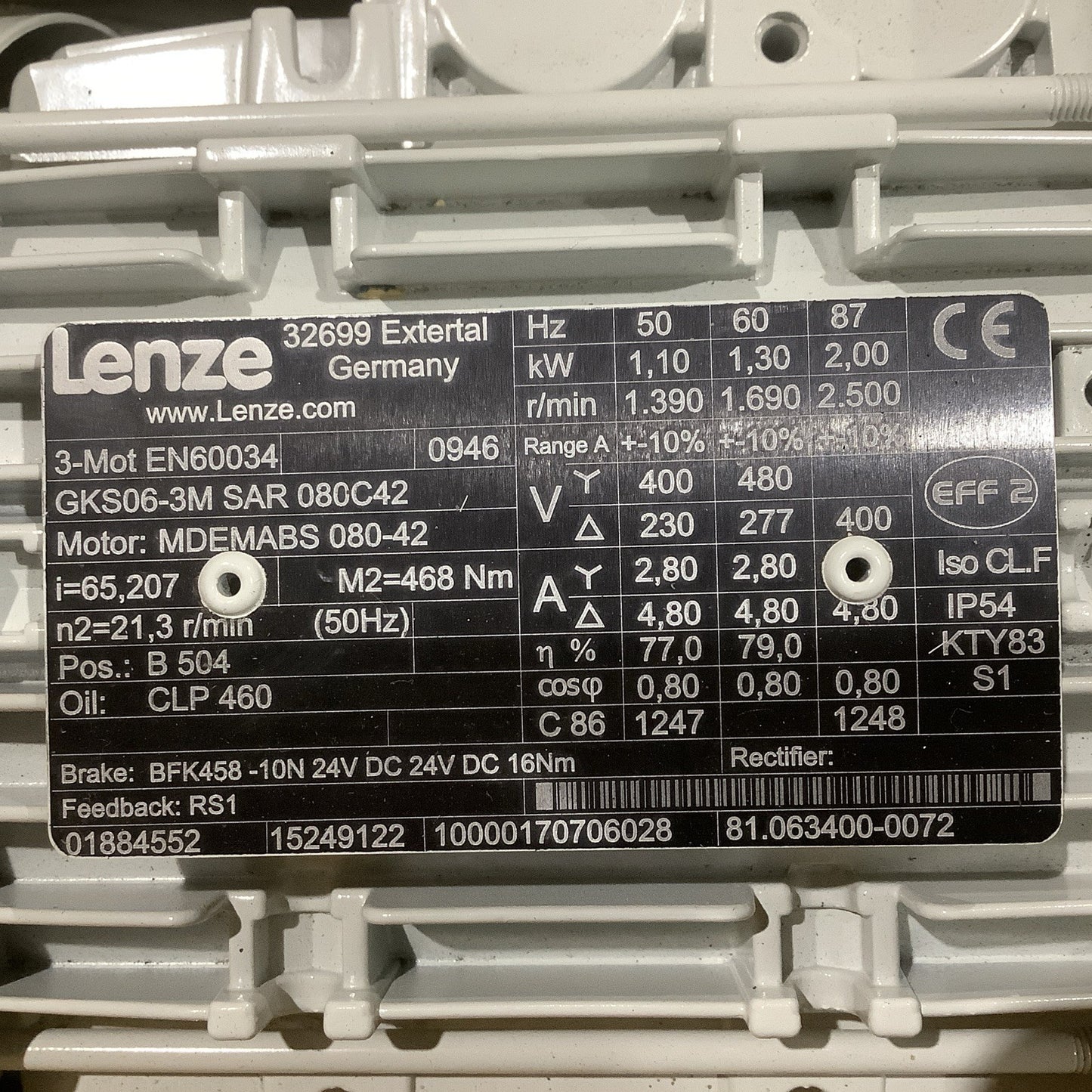 LENZE EN60034 GKS06-3M SAR 080C42 MDEMABS 080-42 GEARMOTOR U3S
