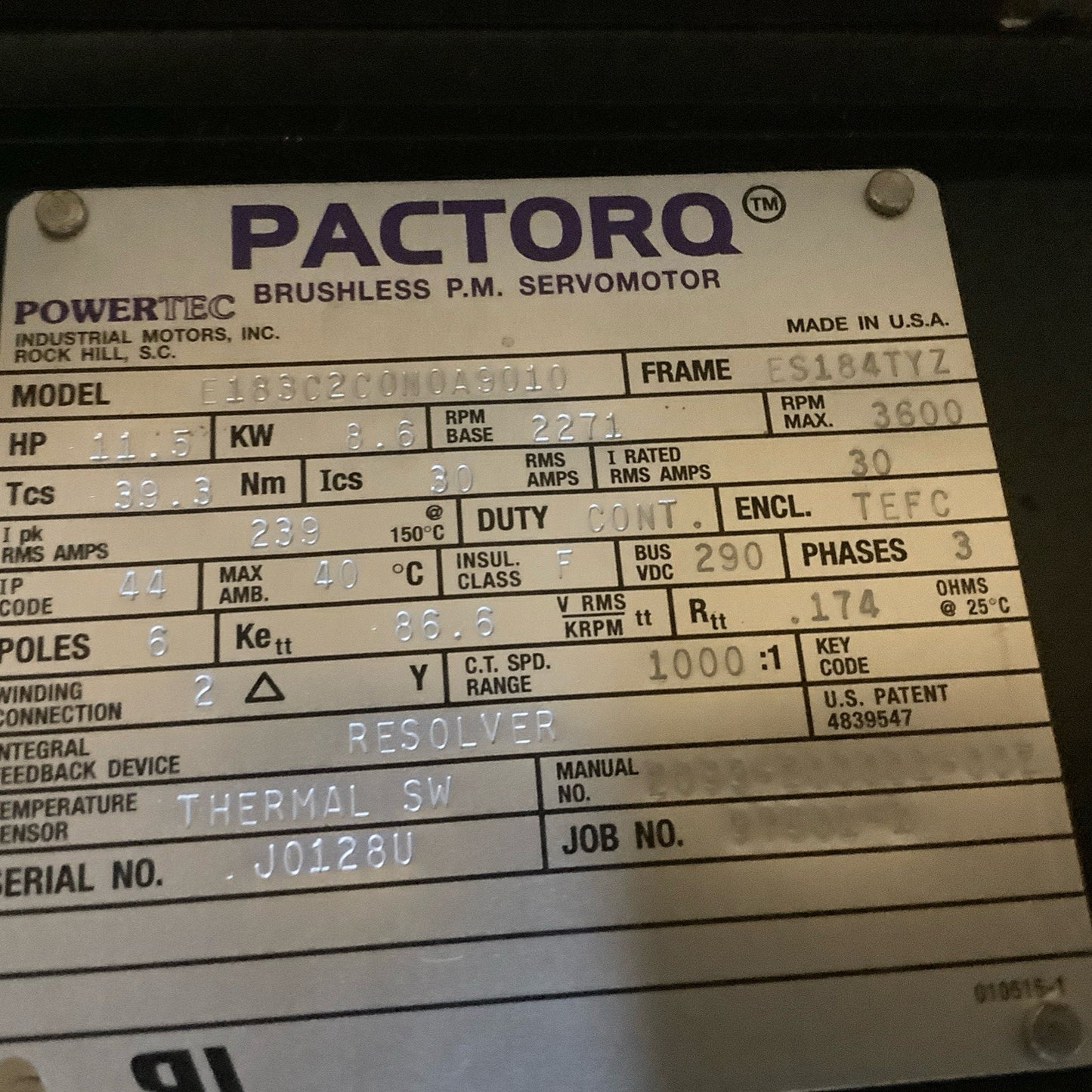 POWERTEC PACTORQ E183C2C0N0A9010 SERVOMOTOR ES184TYZ 11.5HP 8.6KW 30A 2271RPM