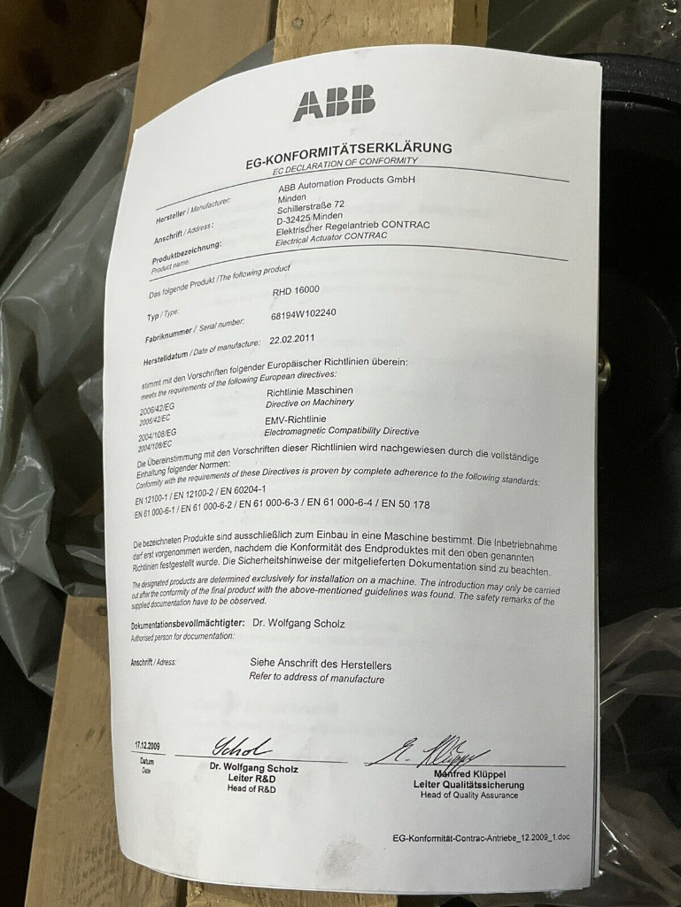 ABB RHD 16000-30 CONTRAC PART TURN ACTUATOR RATED TORQUE 16000 Nm