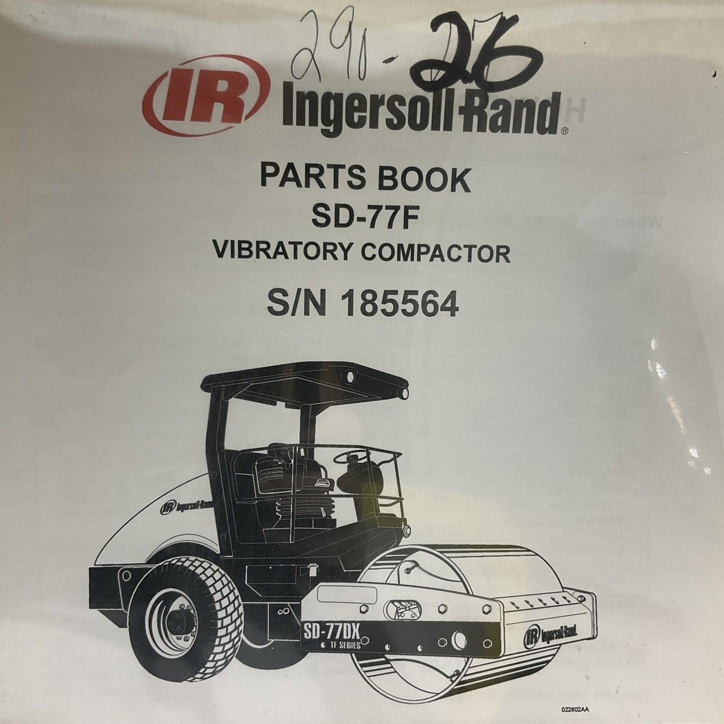 IR-INGERSOLL RAND SD-77F S/N 185564 VIBRATORY COMPACTOR MANUAL BOOK U3S