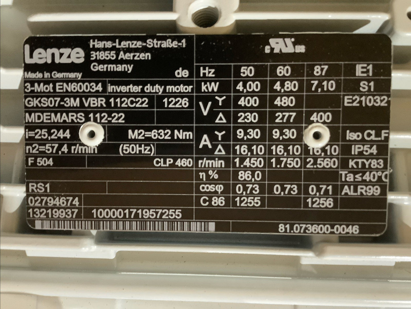 LENZE EN60034 GEARMOTOR IN CRATE GKS07-3M VBR 112C22 U3S