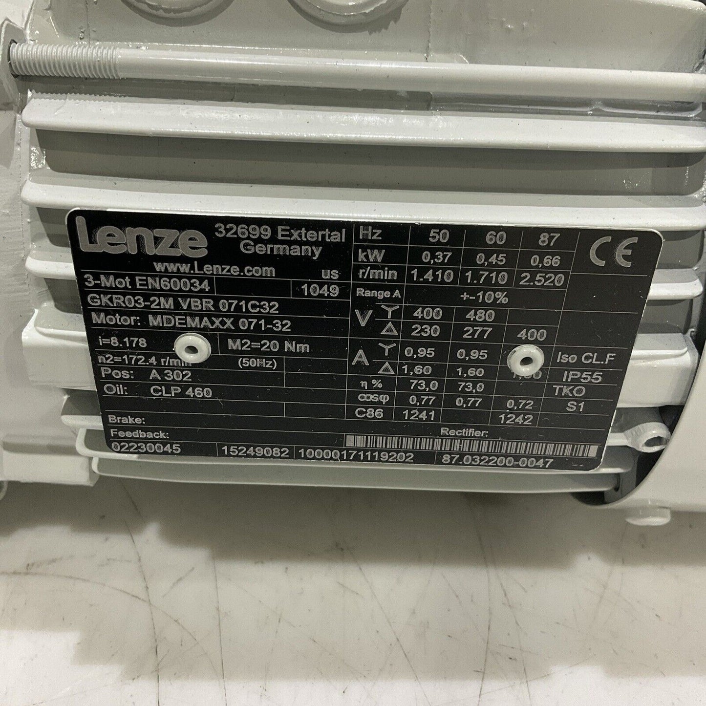 LENZE EN60034 GKR04-2E VBR 071C32MDEMAXX GEARBOX MOTOR U3S