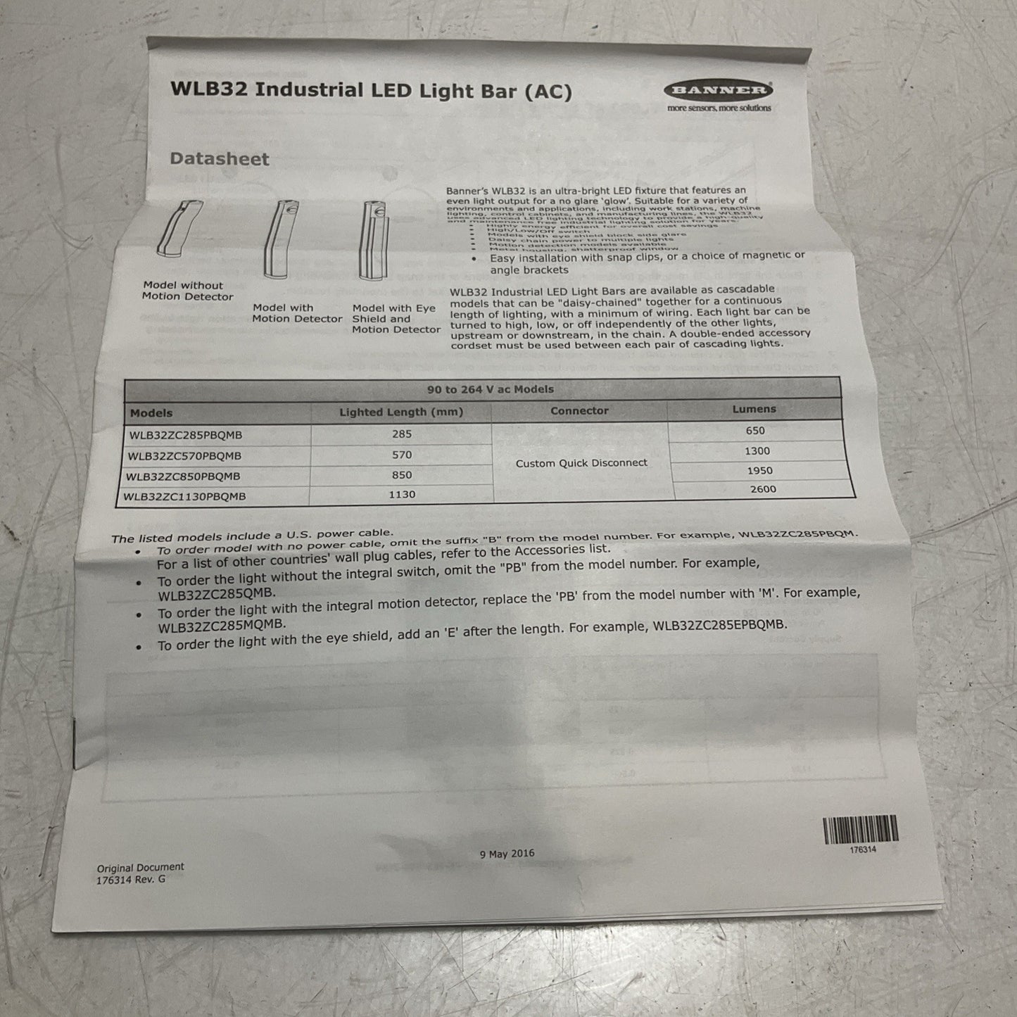 BANNER WLB32ZC570PBQM INDUSTRIAL WORKING-STRIP LIGHT LED 90-264VAC 50/60 U3S