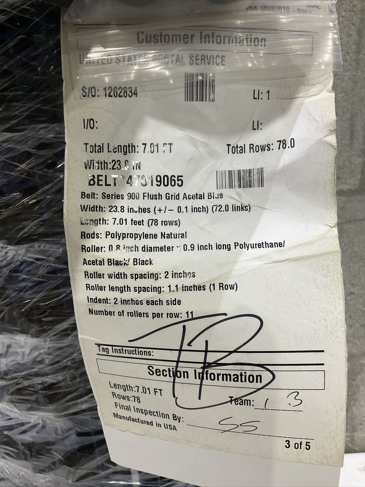 INTERLOX 47019065 900 FLUSH GRID ACETAL ACCUMULATION BELT 72 LINKS 78 R 7FT U3S