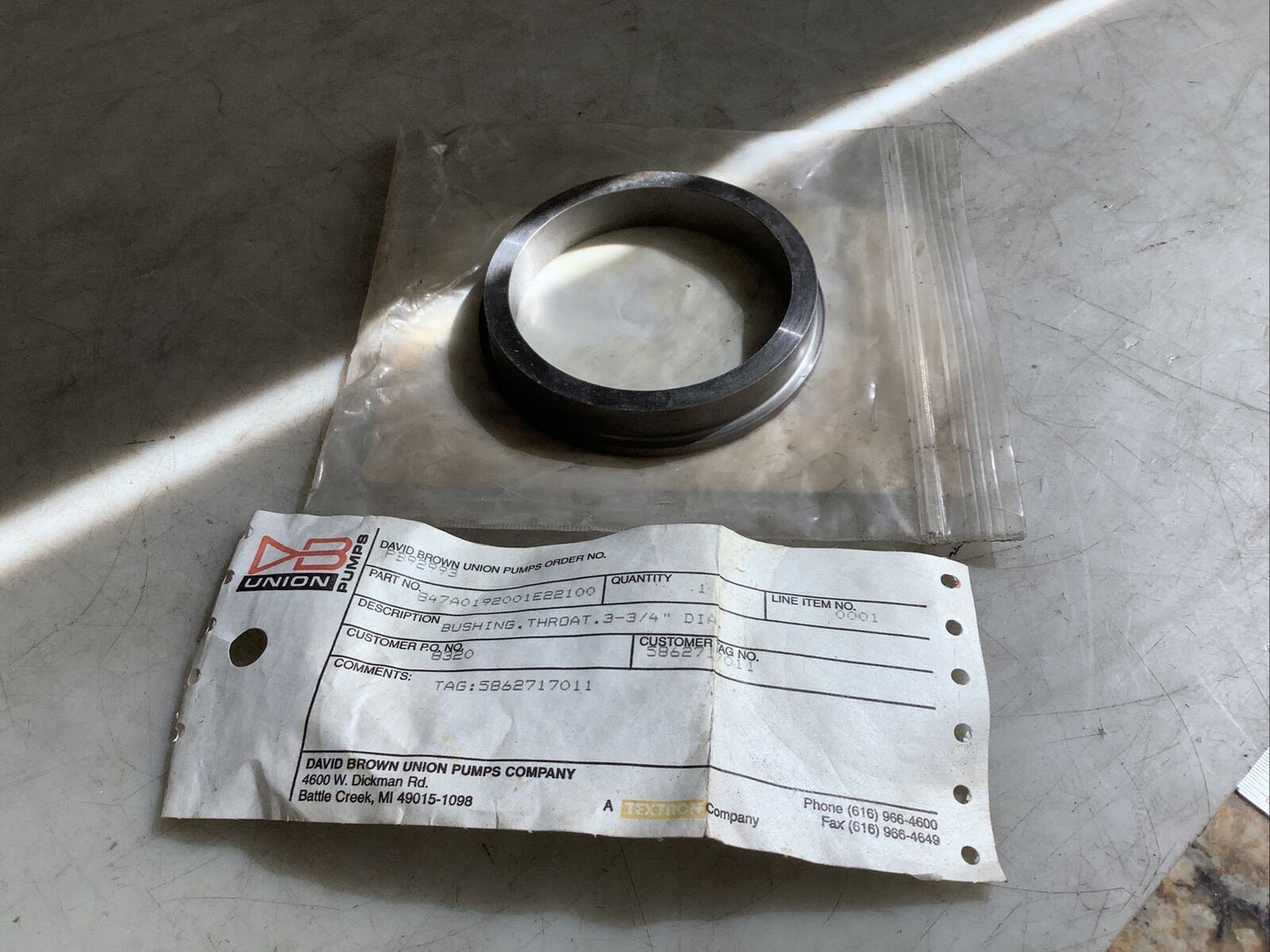 DAVID BROWN UNION PUMPS 847A0192001E22100 THROAT BUSHING 3-3/4IN OD 678