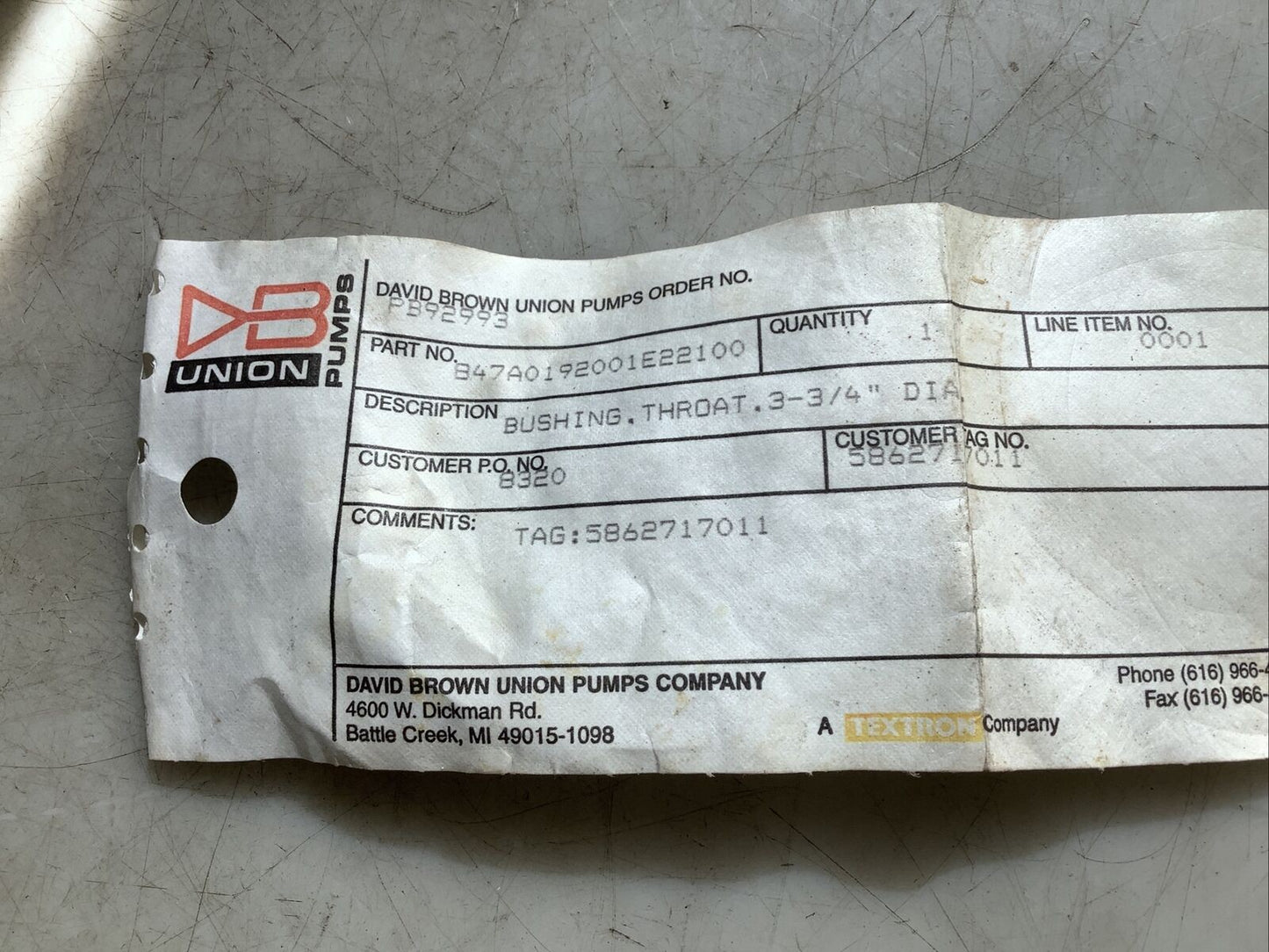 DAVID BROWN UNION PUMPS 847A0192001E22100 THROAT BUSHING 3-3/4IN OD 678