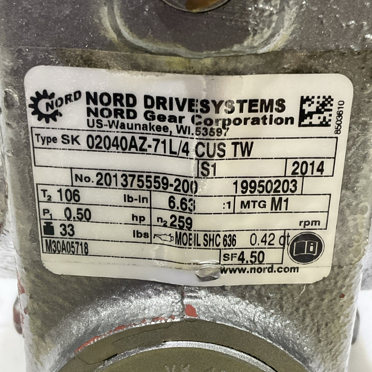 NORD SK71L/4 CUS TW GEAR MOTOR 201375559-200 60 HZ 230/460V 1720RPM .50HP U3S