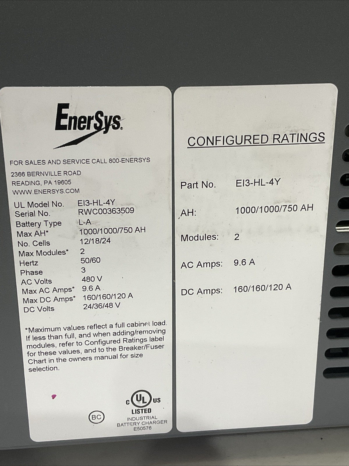 ENERSYS EI3-HL-4Y IMPAQ FORKLIFT L-A FORKLIFT BATTERY CHARGER 480V 50/60HZ (NEW)