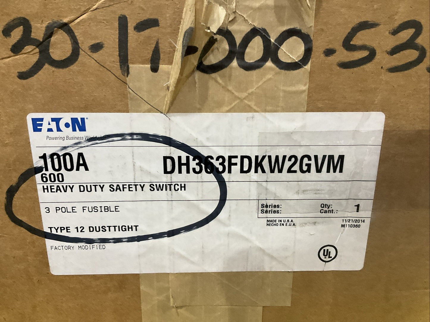 EATON DH363FDKW 2GVM HEAVY DUTY SAFETY SWITCH 100A 600 3 POLE U3S