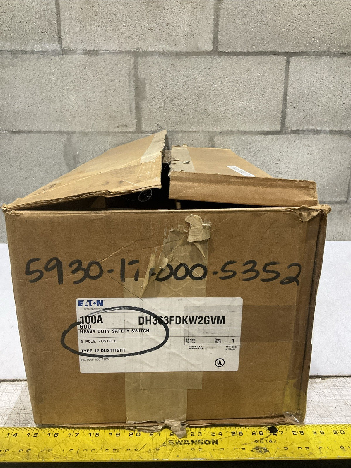 EATON DH363FDKW 2GVM HEAVY DUTY SAFETY SWITCH 100A 600 3 POLE U3S