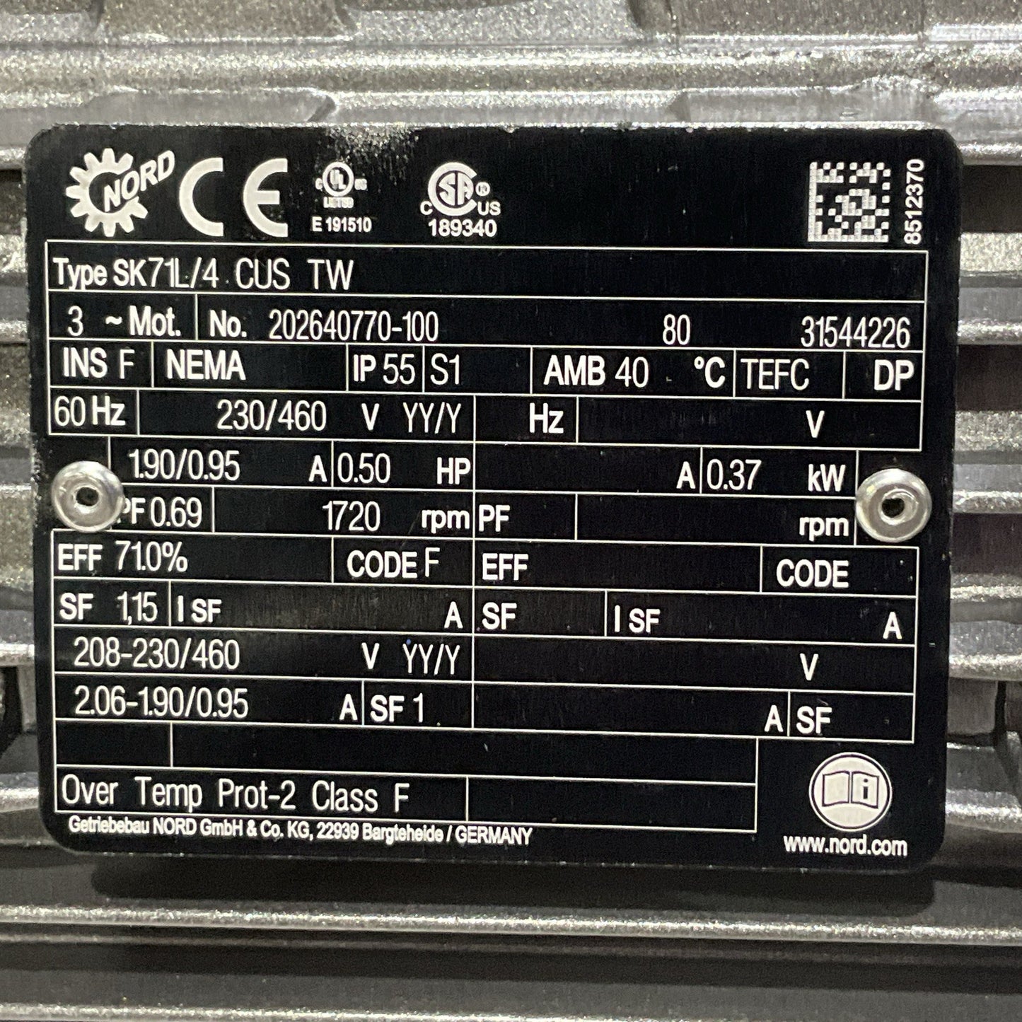 NORD SK71L/4 202640770-100 GEAR MOTOR 60HZ 230/460V 1.90/0.95A .50HP 1720RPM U3S