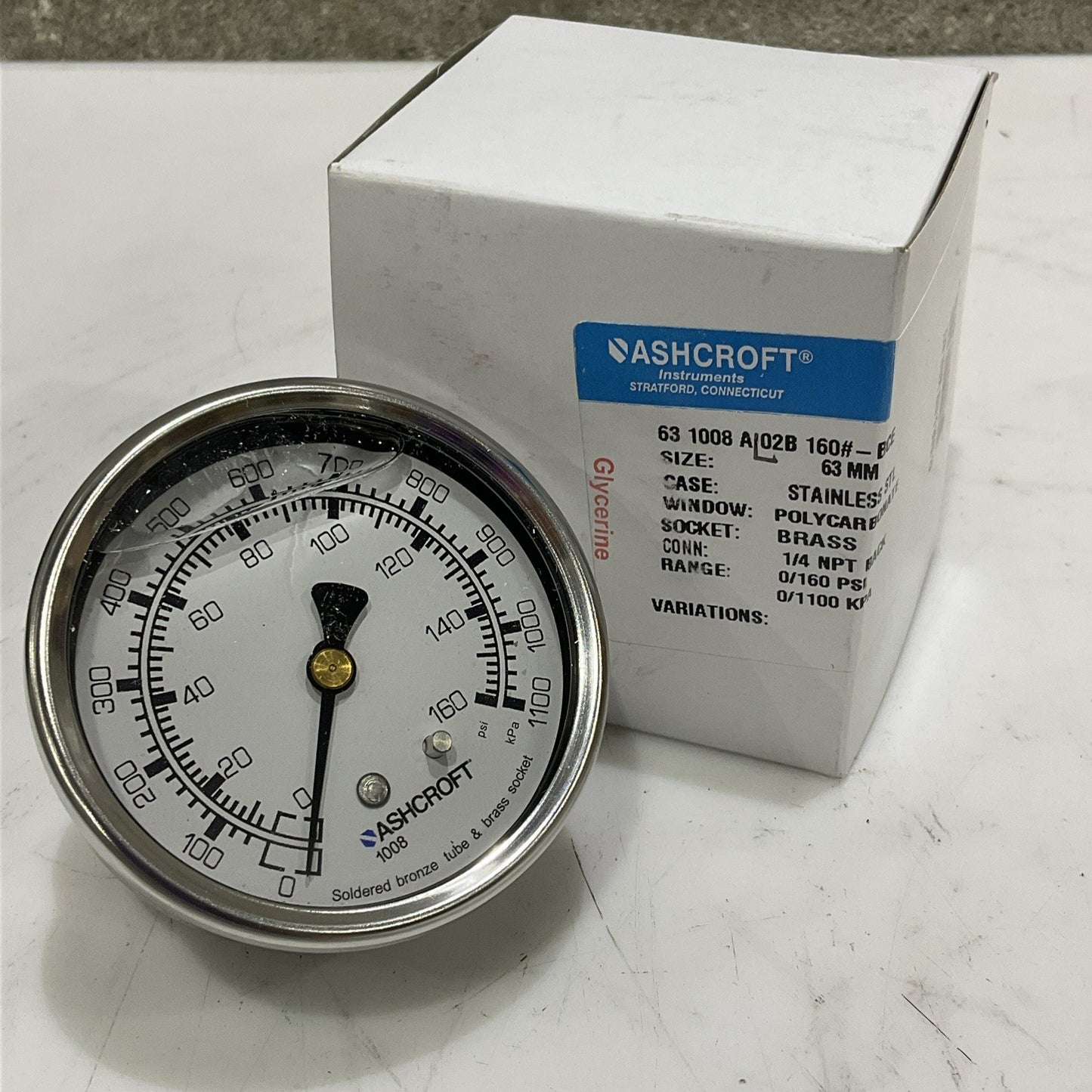 ASHCROFT 63 1008 AL02B 160#-BCE PRESSURE GAUGE GLYCERIN 1100 KPA LOT OF 3 Z2M