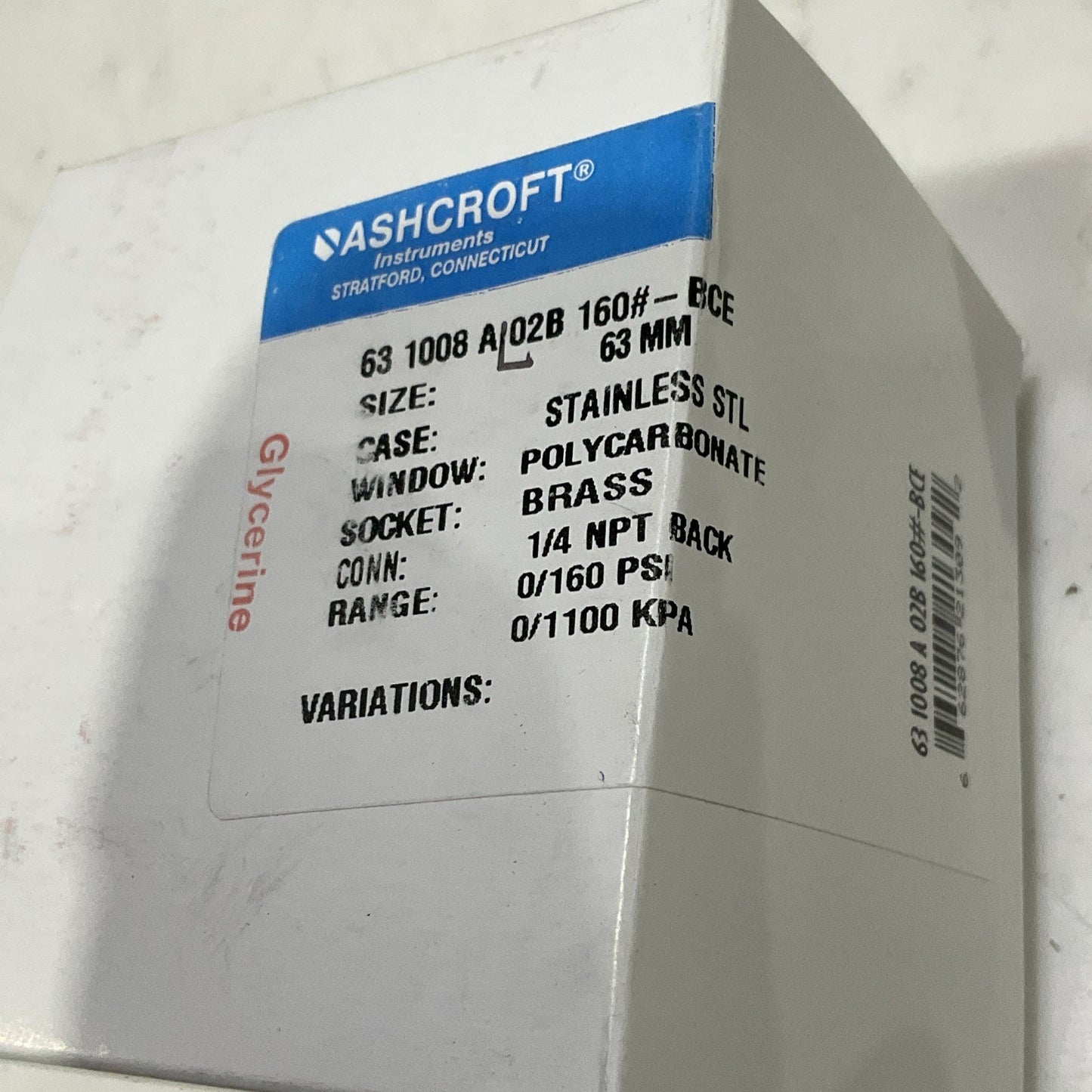 ASHCROFT 63 1008 AL02B 160#-BCE PRESSURE GAUGE GLYCERIN 1100 KPA LOT OF 3 Z2M