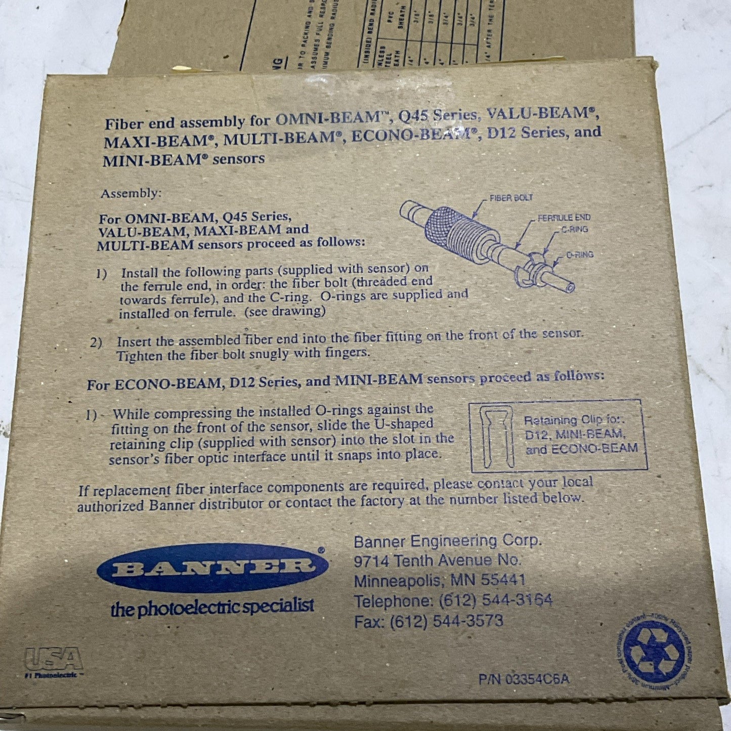 BANNER ENGINEERING IA13S 03354C6A FIBER OPTIC CABLE LOT OF 2 Z2M