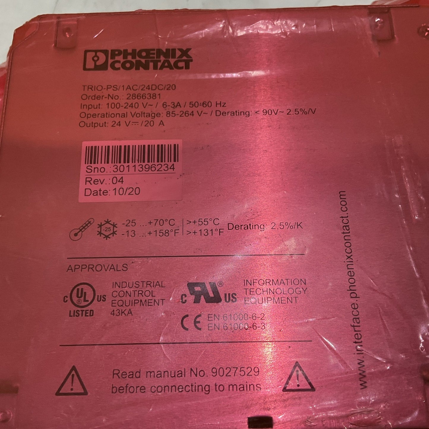 PHOENIX CONTACT TRIO-PS/AC/24DC/20 POWER SUPPLY 100-240 V SEALED IN PLASTIC Z2M