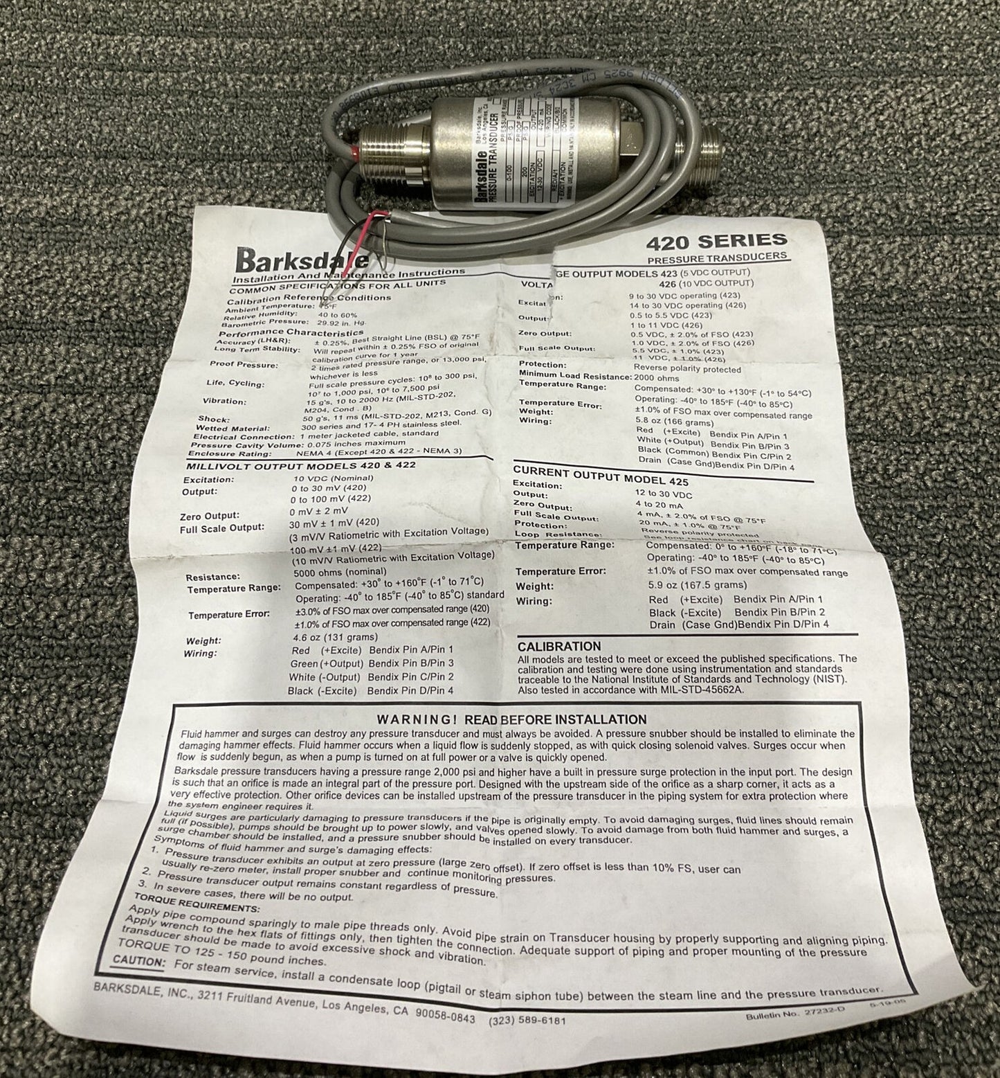 BARKSDALE 425HG04P4 425HG-04-P4 PRESSURE TRANSDUCER 0-100 PSI 222