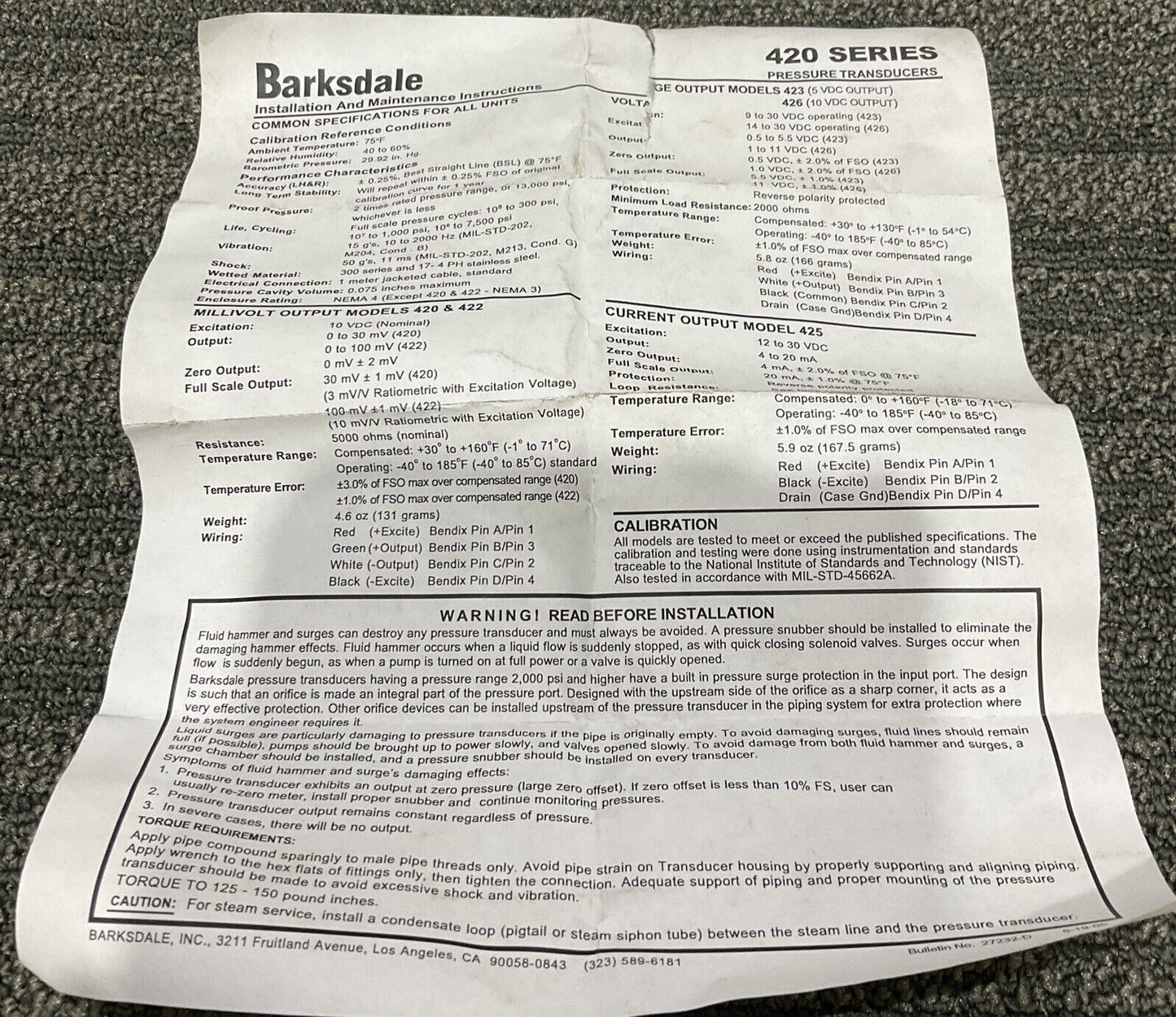 BARKSDALE 425HG04P4 425HG-04-P4 PRESSURE TRANSDUCER 0-100 PSI 222