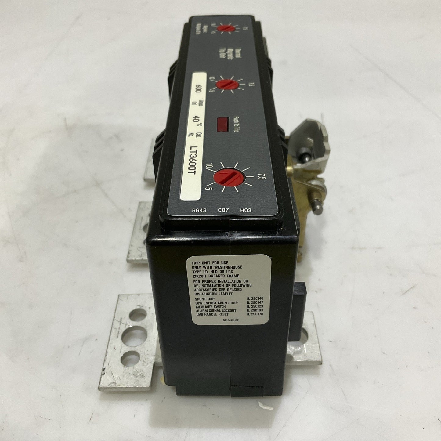 WESTINGHOUSE LT3600T THERMAL MAGNETIC TRIP UNIT 600 A 3 P 40 C Z2M