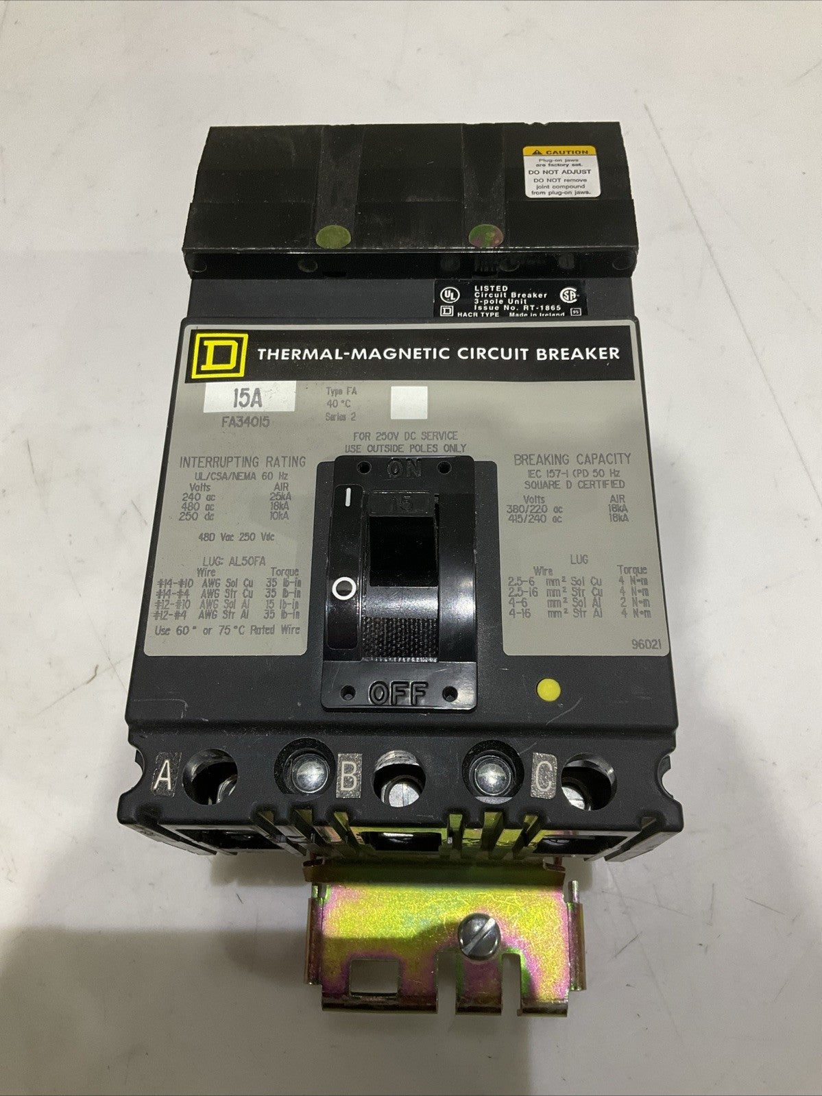 SQUARE D FA34015 MAGNETIC CIRCUIT BREAKER 3P 15A 480V 50/60HZ 250 VDC Z2M