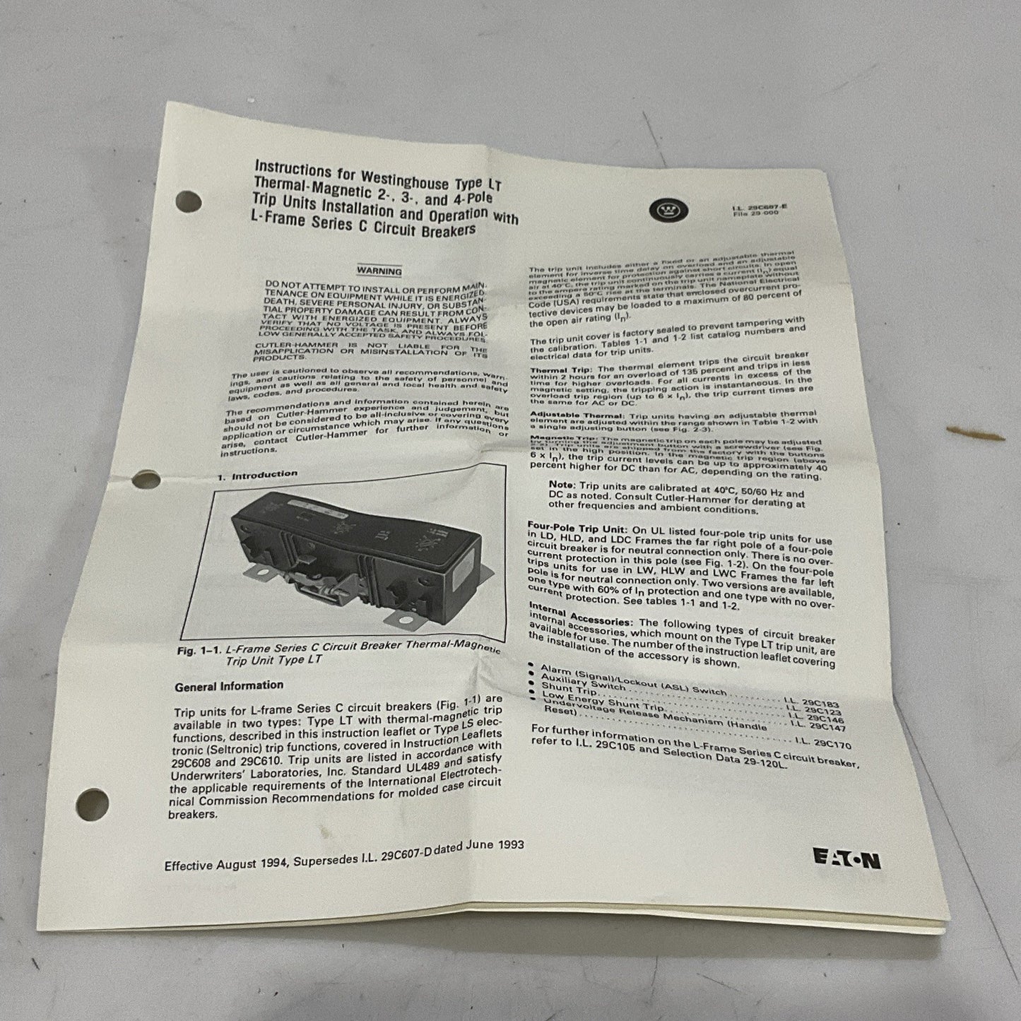 WESTINGHOUSE LT3600T THERMAL MAGNETIC TRIP UNIT 600 A 3 P 40 C Z2M