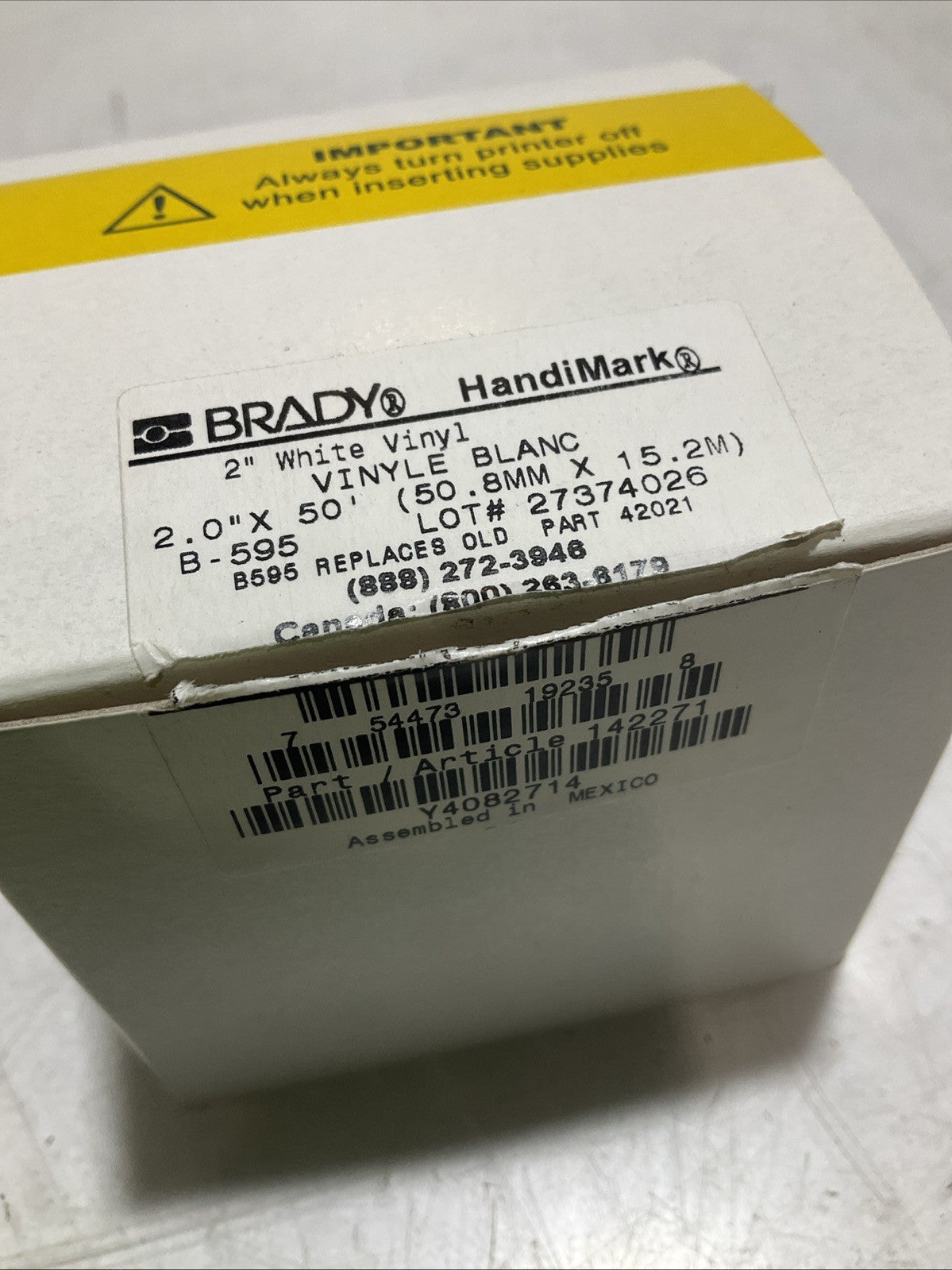 BRADY HANDIMARK 142271-27374026 WHITE VINYL 2.0X50 50.8MX15.2 LABEL TAPE Z2M