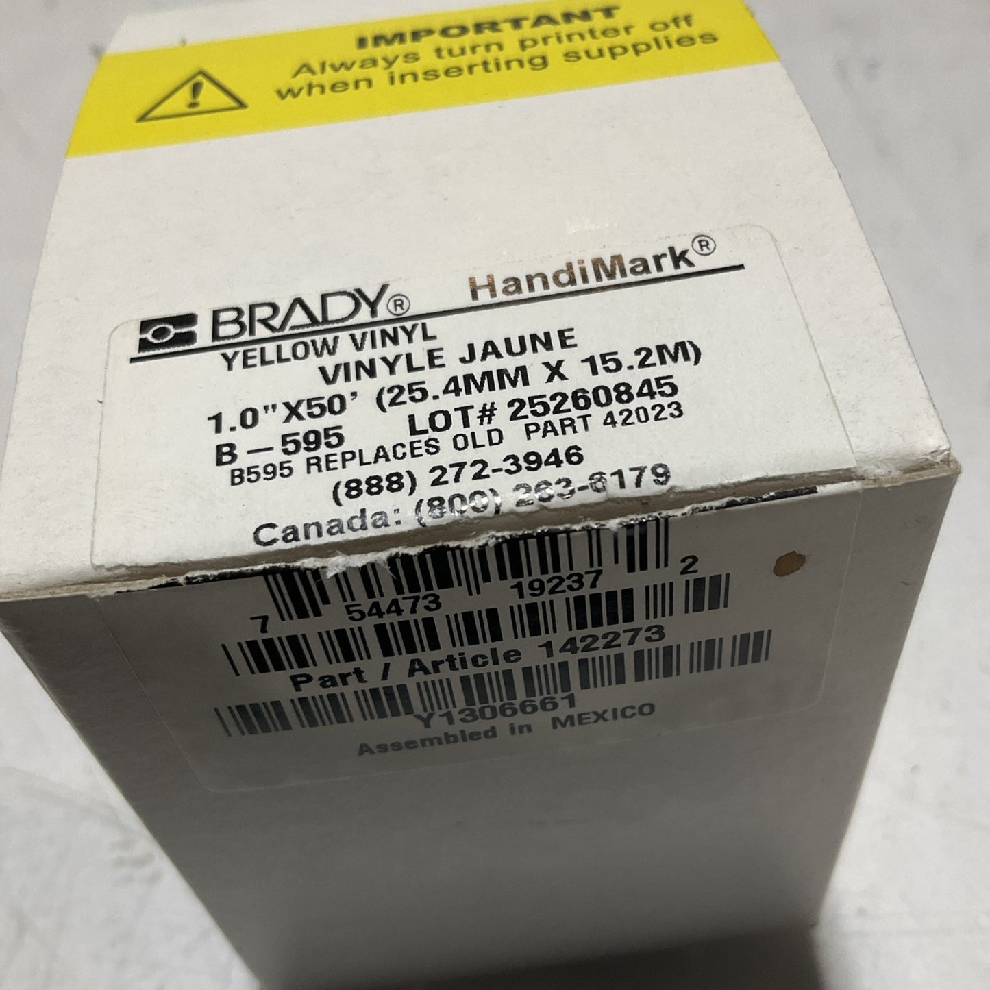 BRADY HANDIMARK 142273 YELLOW VINYL 1.0X50 25.4MX15.2M LABLE TAPE Z2M