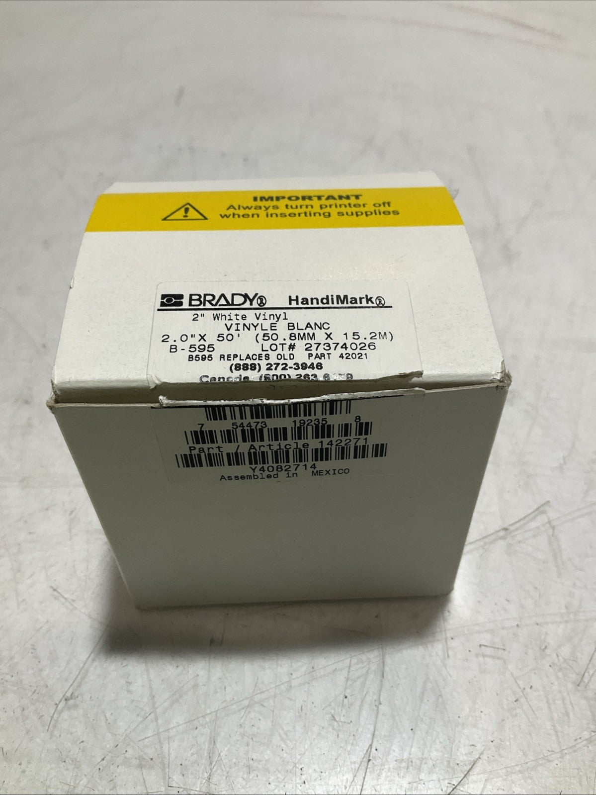 BRADY HANDIMARK 142271-27374026 WHITE VINYL 2.0X50 50.8MX15.2 LABEL TAPE Z2M
