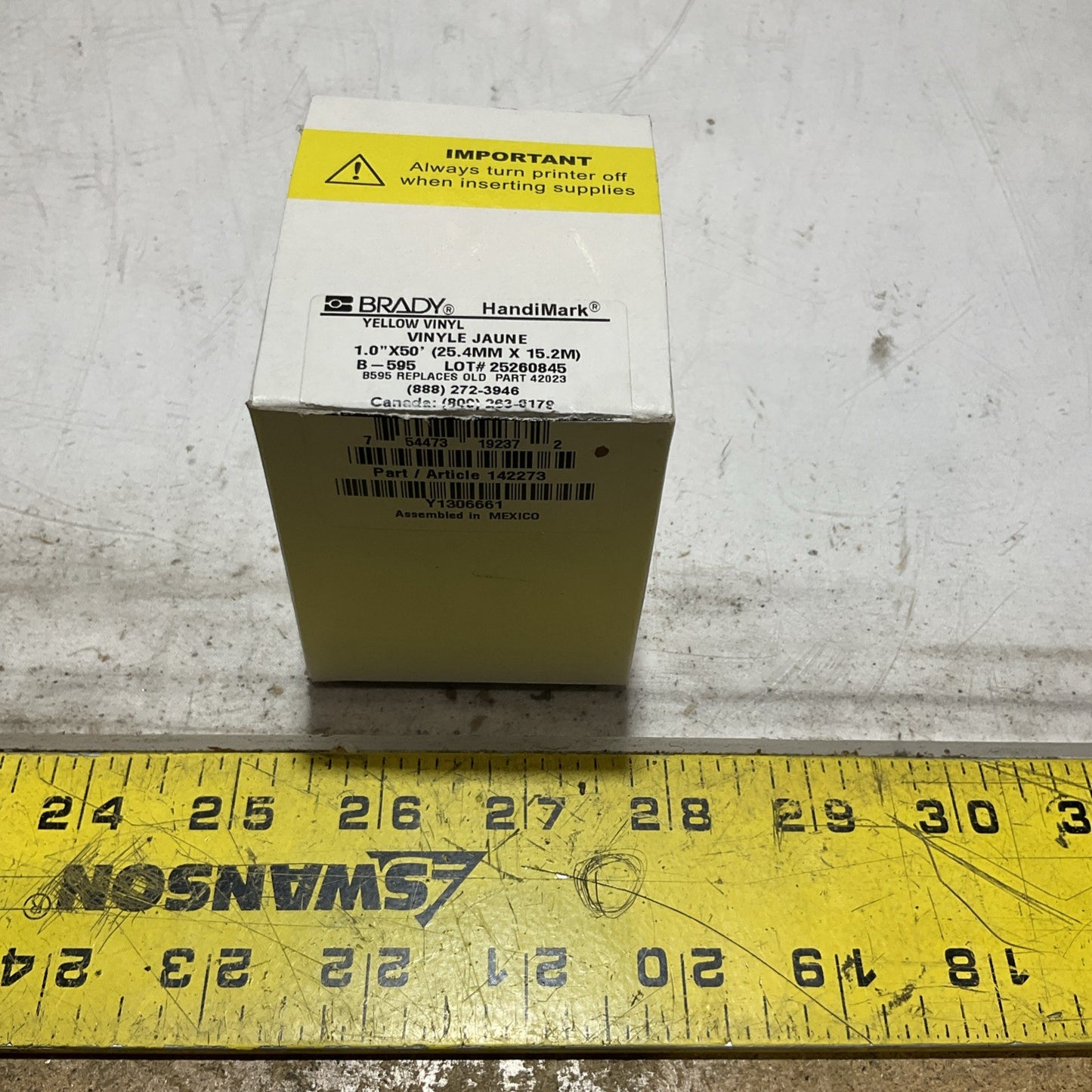 BRADY HANDIMARK 142273 YELLOW VINYL 1.0X50 25.4MX15.2M LABLE TAPE Z2M