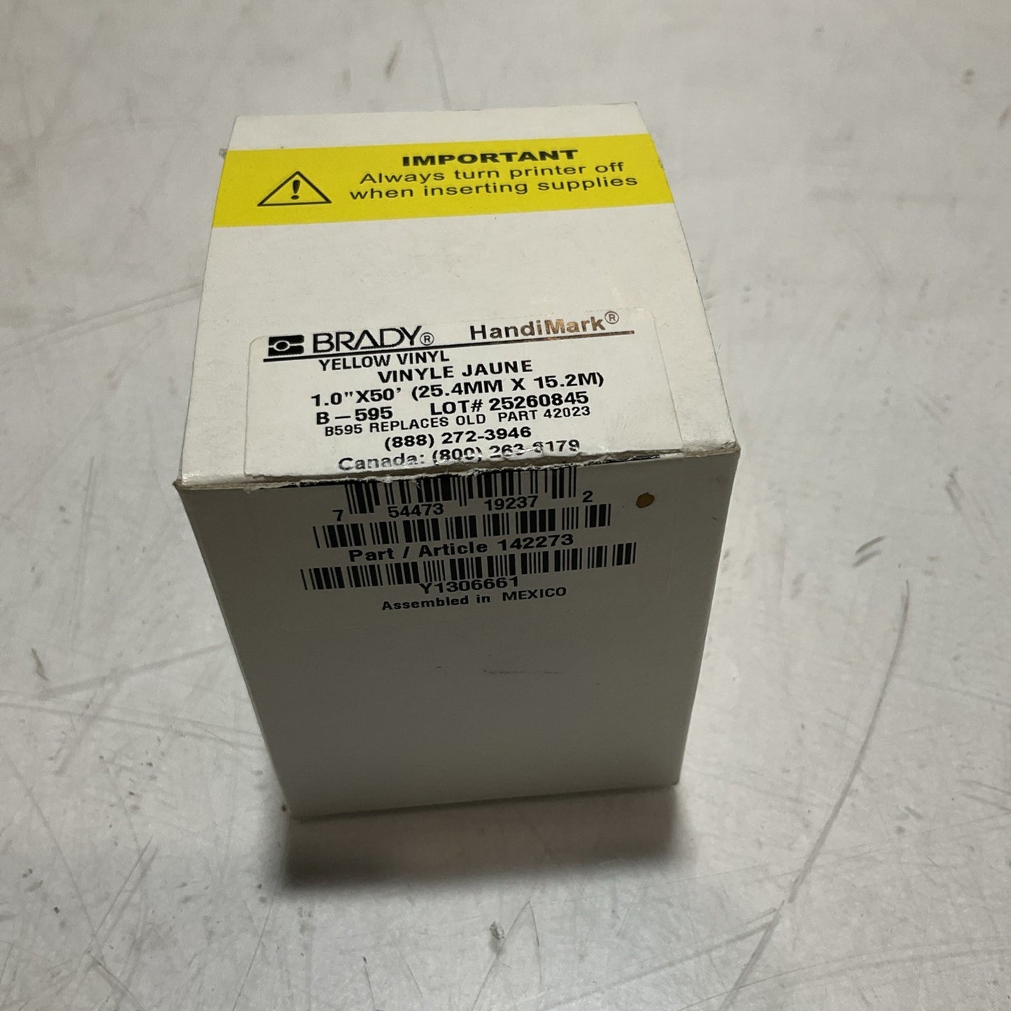 BRADY HANDIMARK 142273 YELLOW VINYL 1.0X50 25.4MX15.2M LABLE TAPE Z2M