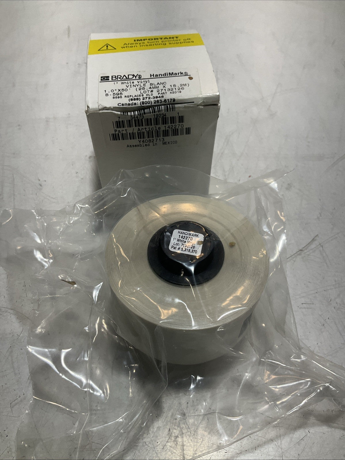 BRADY HANDIMARK 142270 B-595 WHITE VINYL 1.0X50 25.4MX15.2M LABEL TAPE Z2M