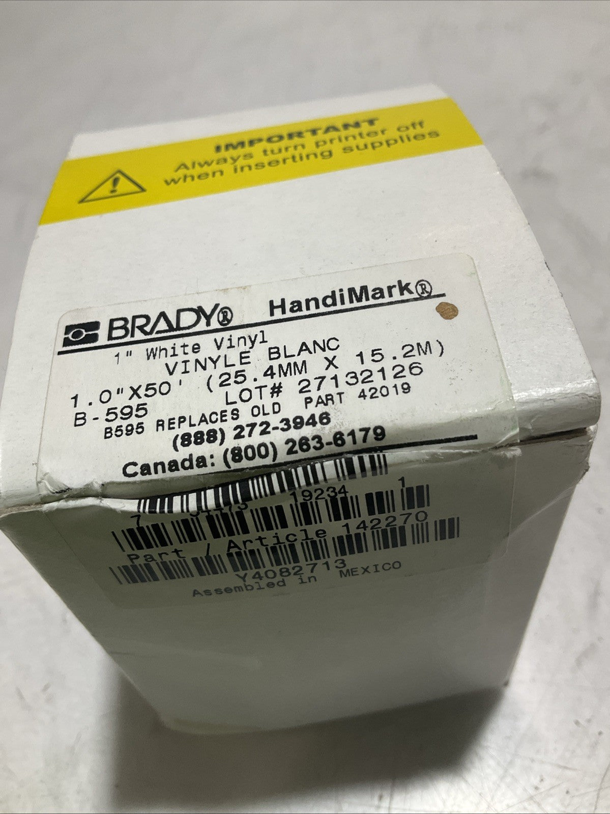BRADY HANDIMARK 142270 B-595 WHITE VINYL 1.0X50 25.4MX15.2M LABEL TAPE Z2M