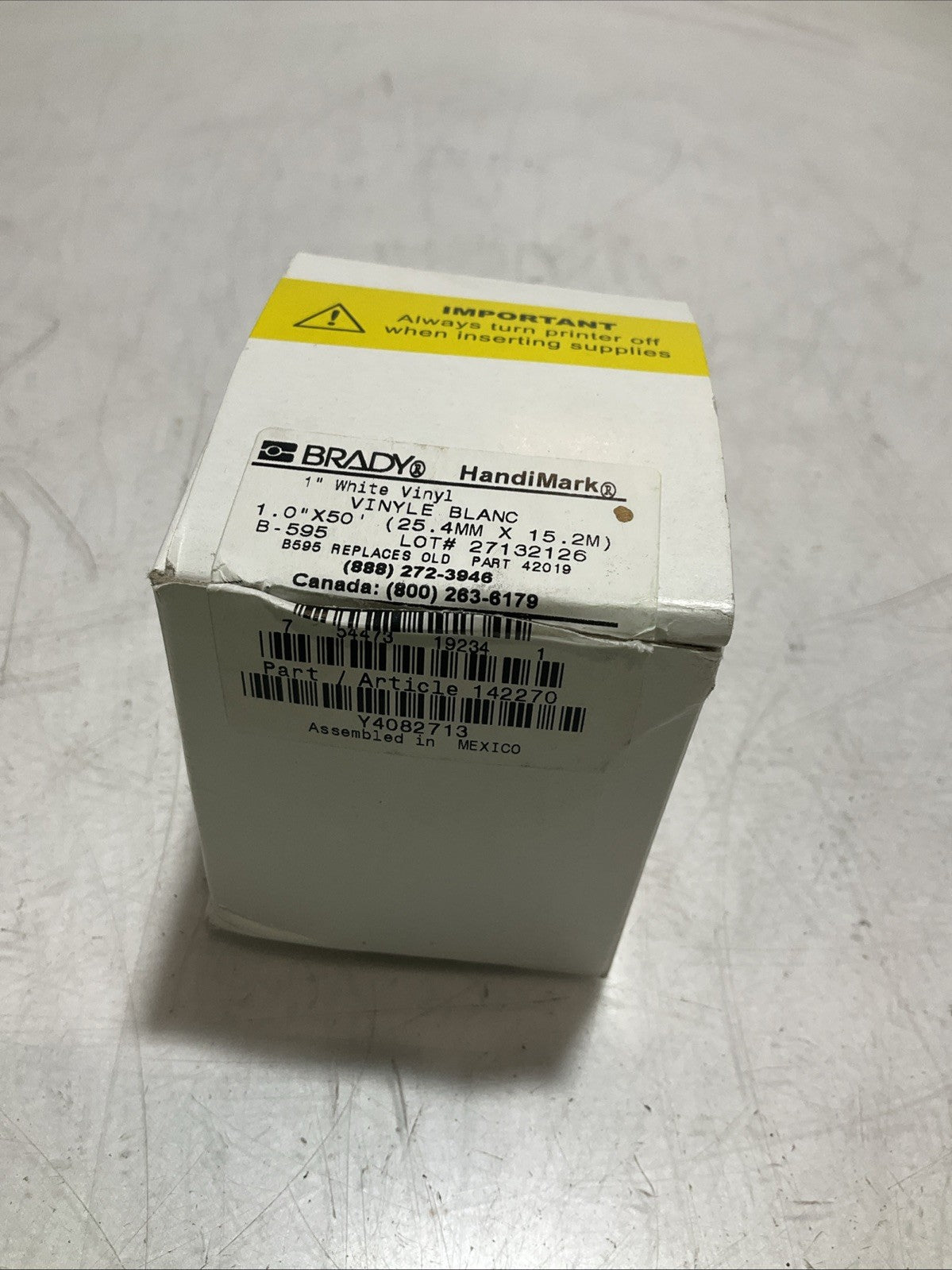 BRADY HANDIMARK 142270 B-595 WHITE VINYL 1.0X50 25.4MX15.2M LABEL TAPE Z2M