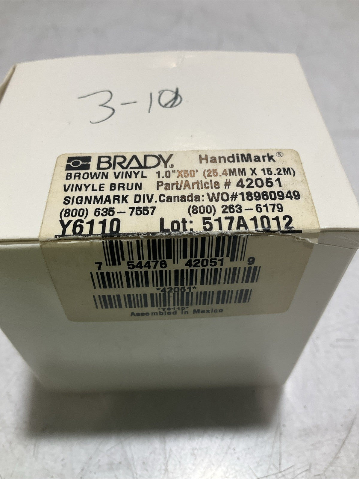 BRADY HANDIMARK Y6110-42051 BROWN VINYL 1.50X50 25.4MX15.2 LABEL TAPE QTY 2 Z2M
