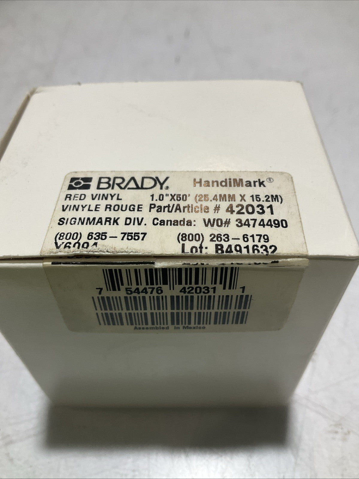 BRADY HANDIMARK Y6094-42031 RED VINYL ROUGE 1.0X50 25.4MX15.2 LABEL TAPE Z2M