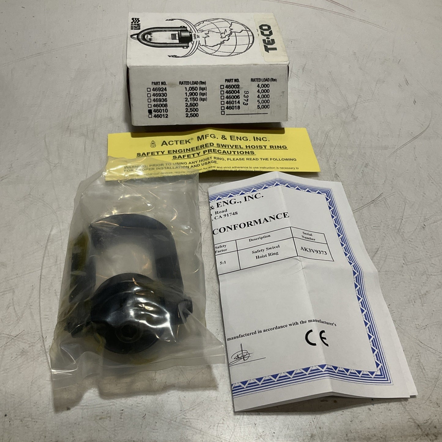 TE-CO AK46010 SAFETY SWIVEL HOIST RING 2500LB Z2M